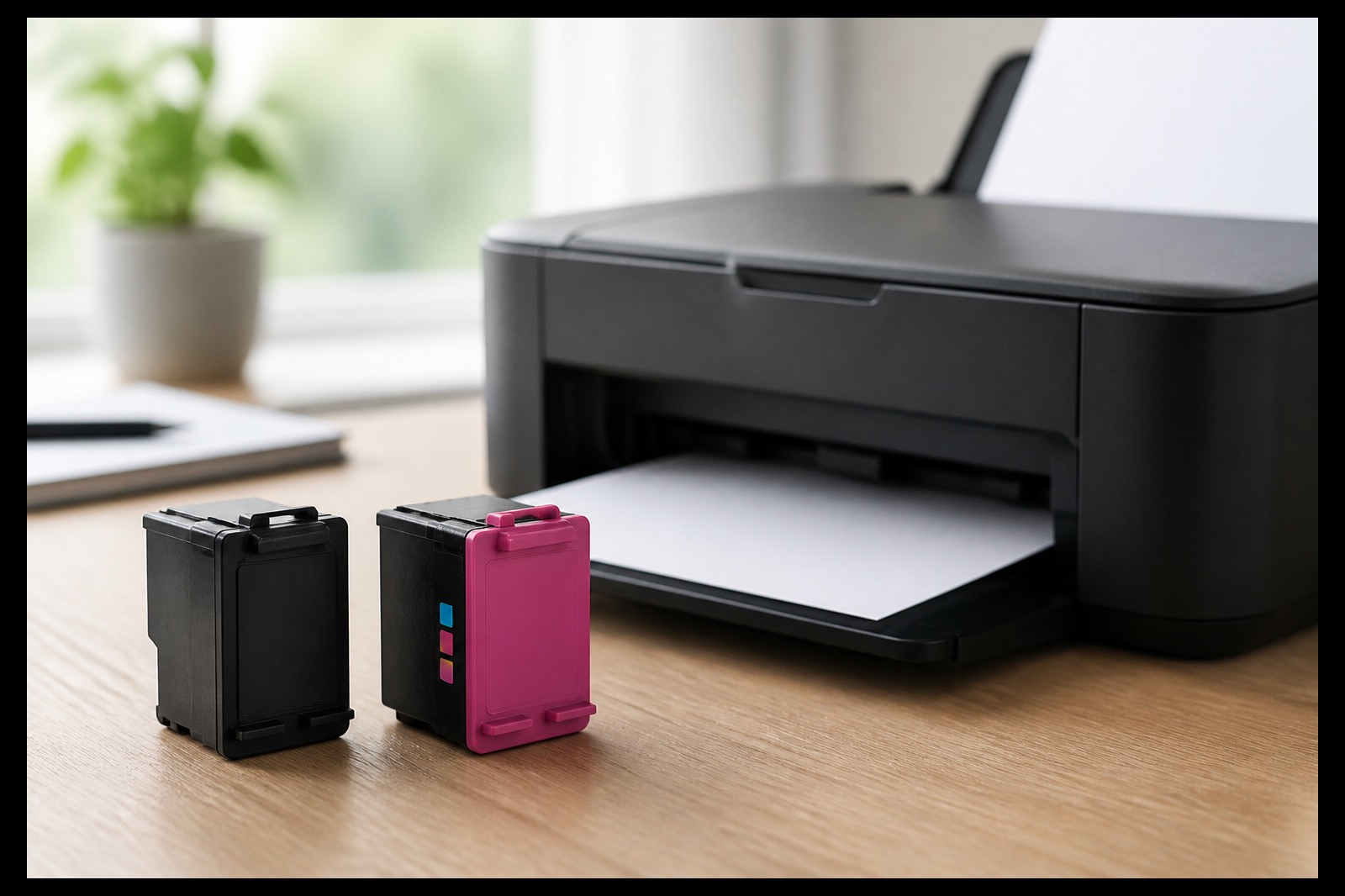 Cartucce nero e colore senza marchio accanto a una stampante domestica